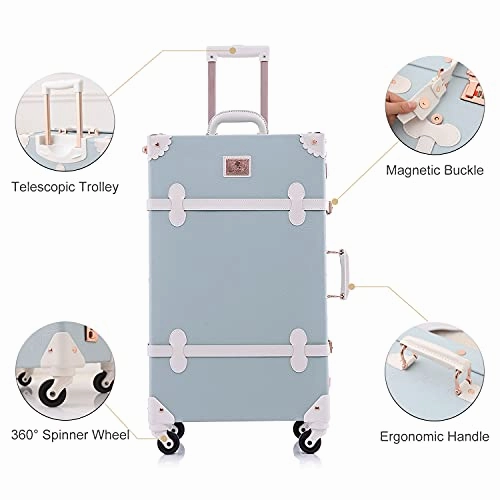 UNIWALKER 2 Piece Vintage Luggage Set 26inch Spinner Trunk with 20inch Carry on Cute Suitcase for Women (Embossed Blue)