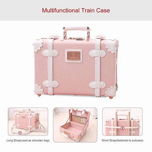 UNIWALKER Vintage Suitcase Set 20 inch Carry on Spinner Luggage with 12 inch Handbag for Women (Embossed Pink)