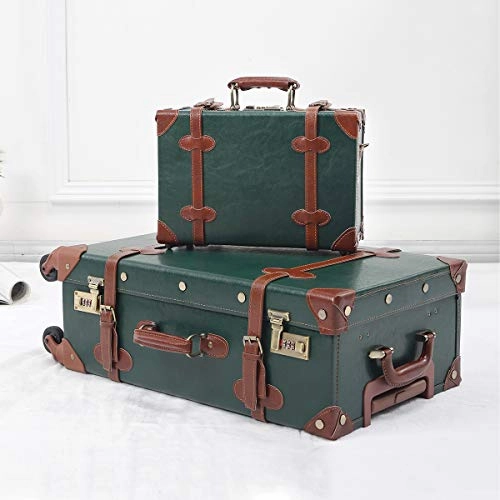 UNIWALKER Vintage Suitcase Set 24inch Women Spinner Luggage with 12inch Train Case (Dark Green)