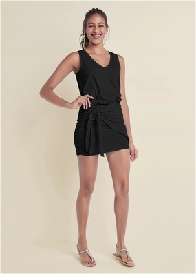 V-Neck Side Wrap Mini Dress - Black