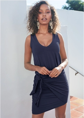 V-Neck Side Wrap Mini Dress - Navy