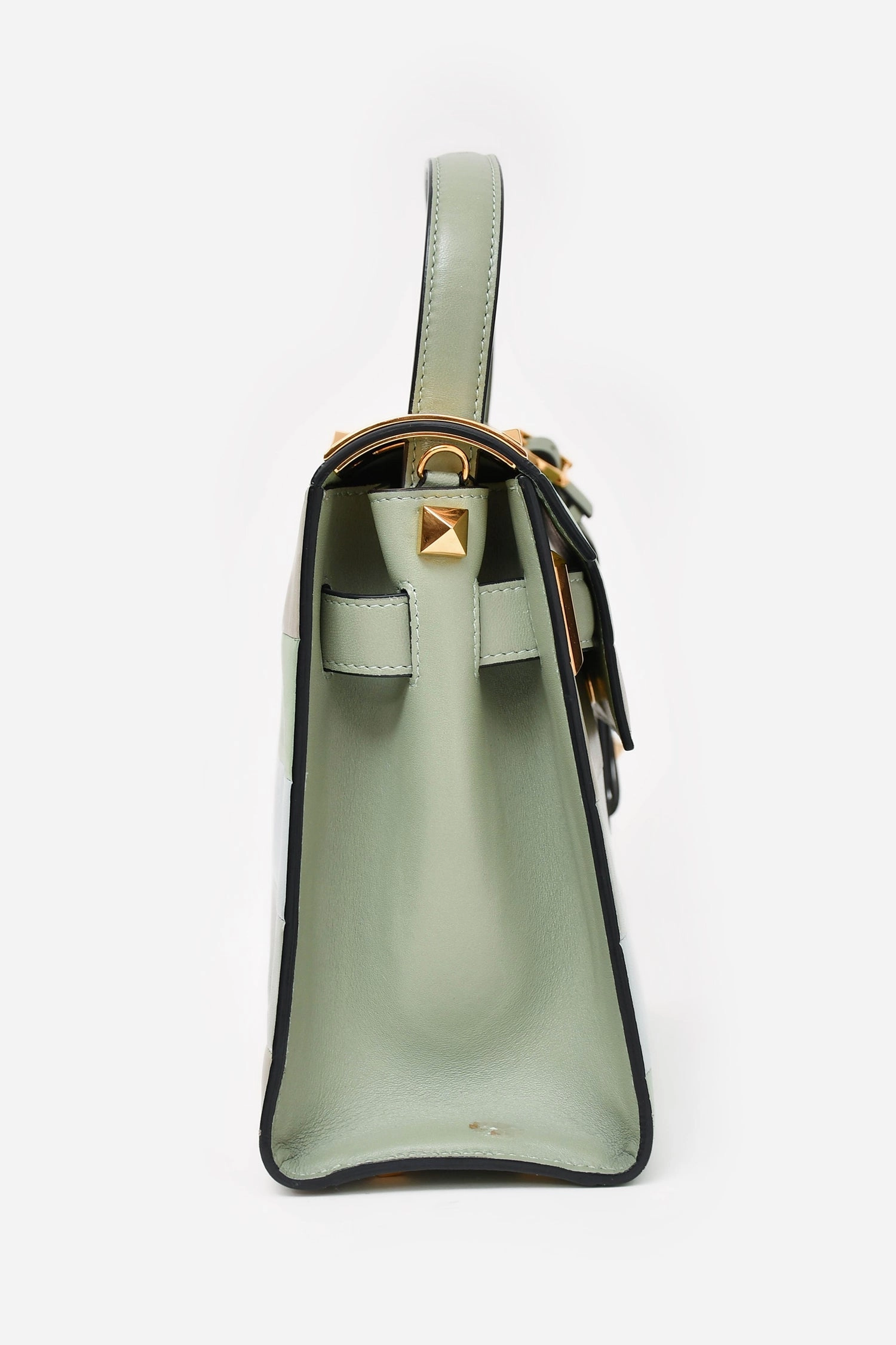 Valentino Green/ Light Blue Leather Striped Patch My Rockstud Top Handle Bag