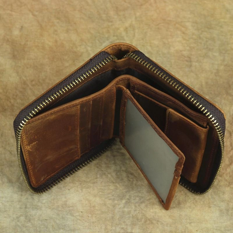 Vintage Bifold Leather Men's Zipper Small Wallet billfold Zipper Wallet For Men