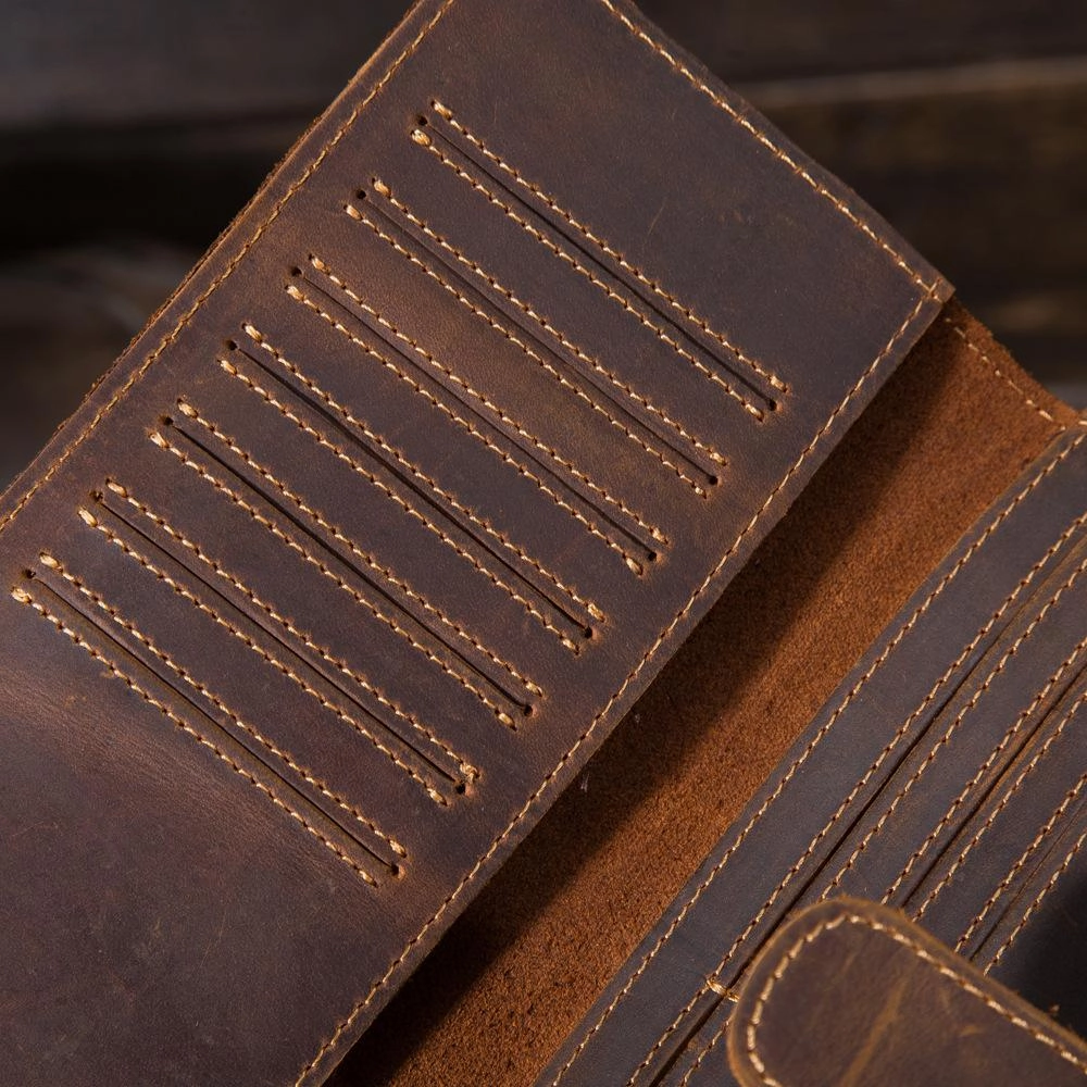 Vintage Brown Leather Men's Bifold Long Wallet Slim Multi Cards Long Wallet For Men