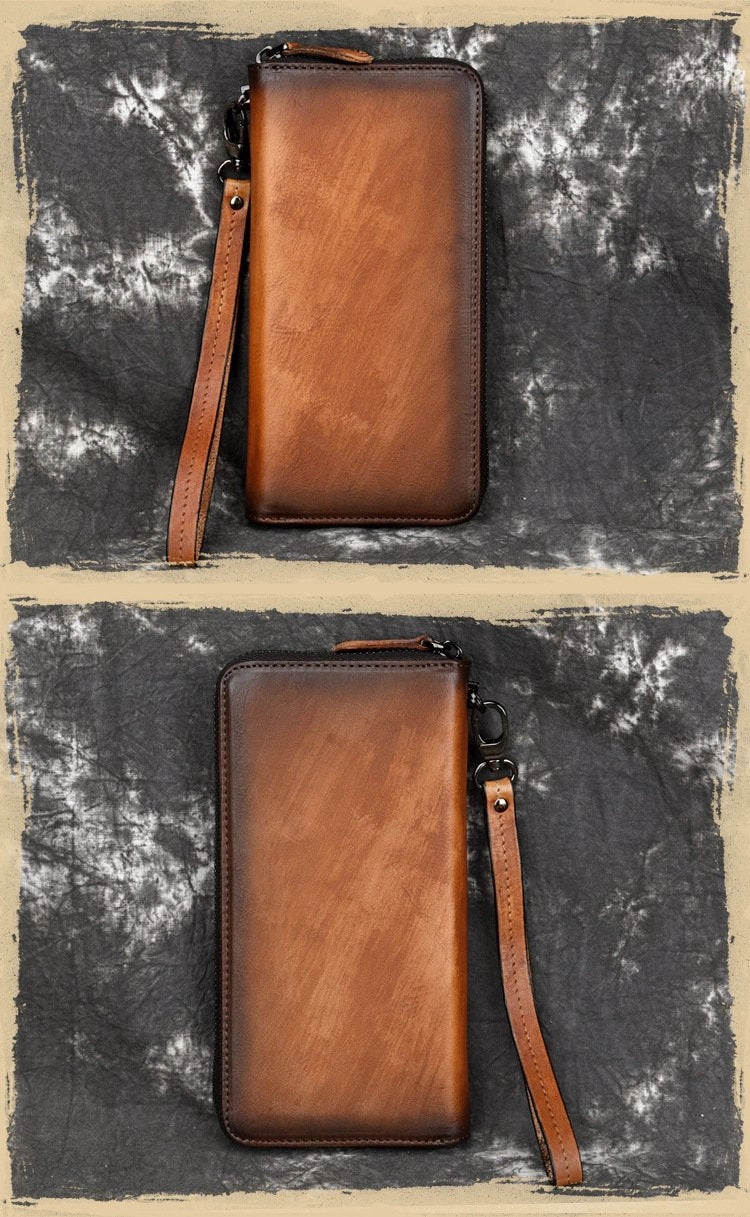 Vintage Brown Leather Men's Clutch Long Wallet Tan Zipper Wristlet Wallet For Men