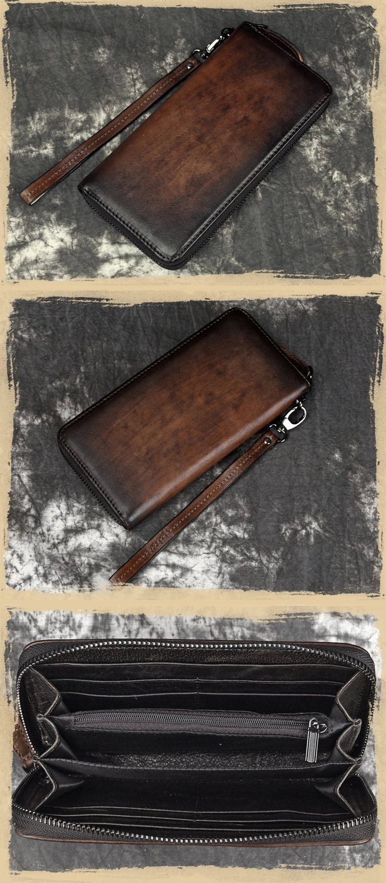 Vintage Brown Leather Men's Clutch Long Wallet Tan Zipper Wristlet Wallet For Men