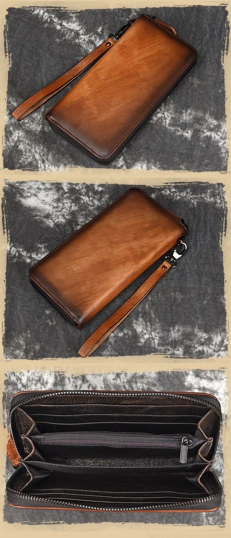 Vintage Brown Leather Men's Clutch Long Wallet Tan Zipper Wristlet Wallet For Men