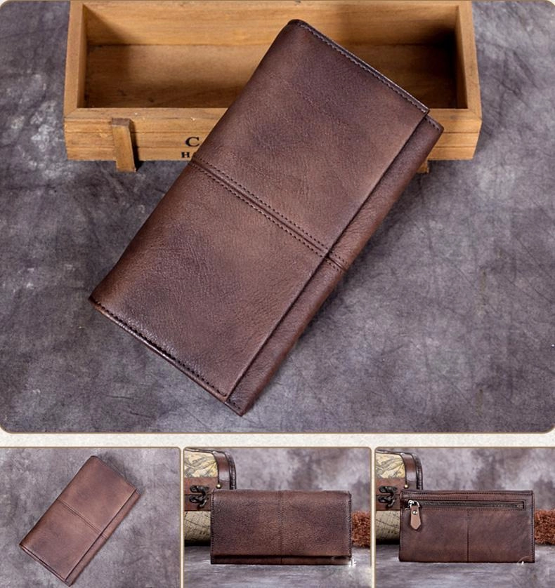 Vintage Leather Brown Mens Long Wallet Phone Clutch Gray Bifold Wallet for Men