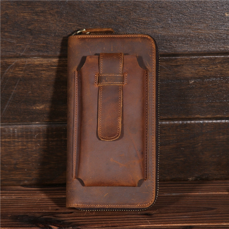 Vintage Leather Long Wallet for Men Bifold Zipper Wallet