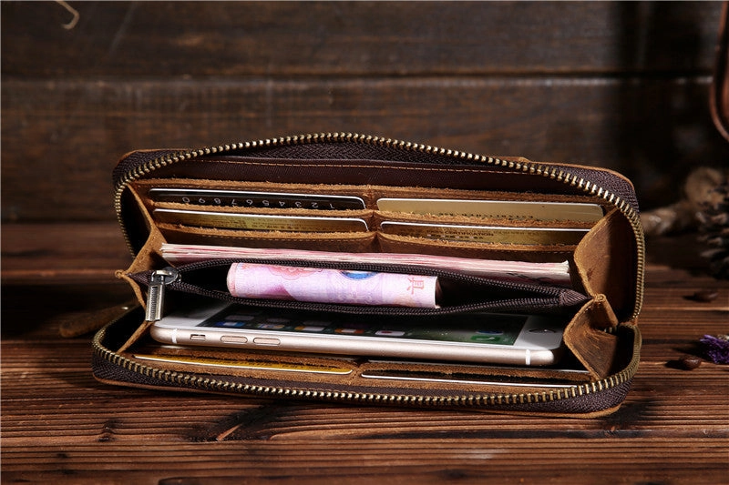 Vintage Leather Long Wallet for Men Bifold Zipper Wallet
