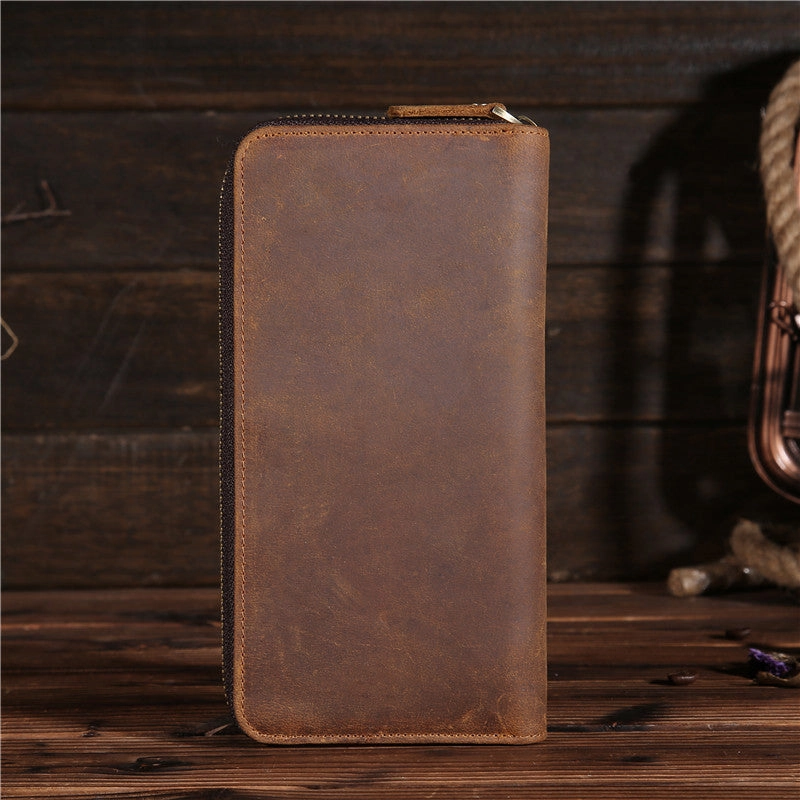 Vintage Leather Long Wallet for Men Bifold Zipper Wallet