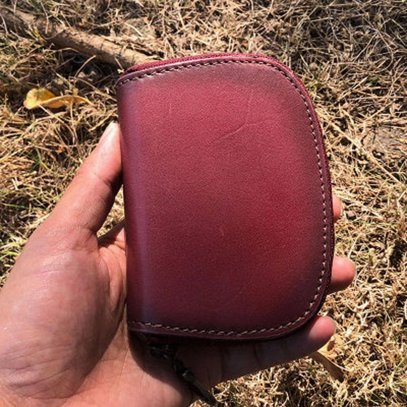 Vintage Leather Mens Small Wallet Zipper Card billfold Coin Wallet for Men