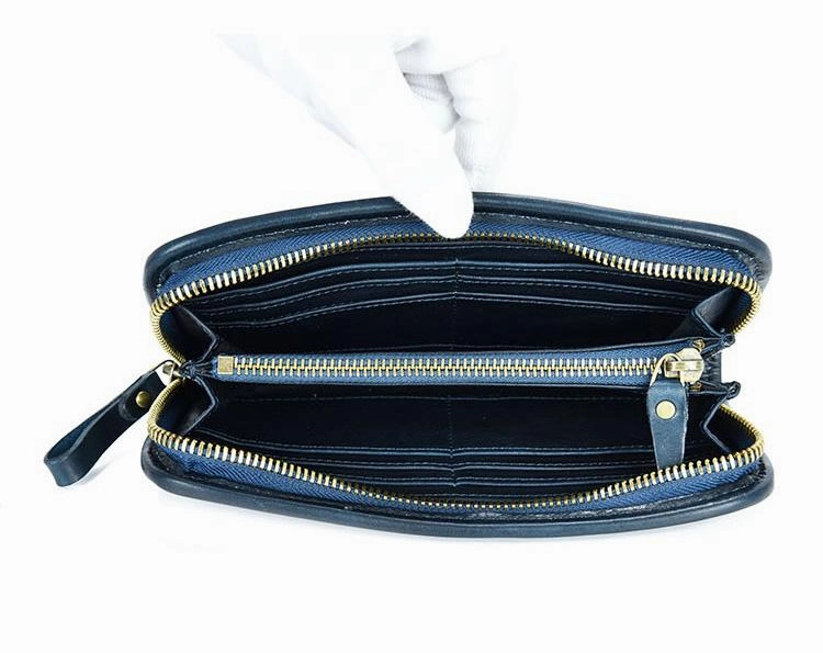 Vintage Mens Leather Long Zipper Wallets Blue Bifold Long Wallet Black Phone Wallet For Men