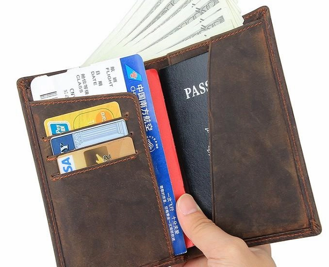 Vintage Mens Leather Small Slim Passport Wallets Bifold Long Wallet For Men