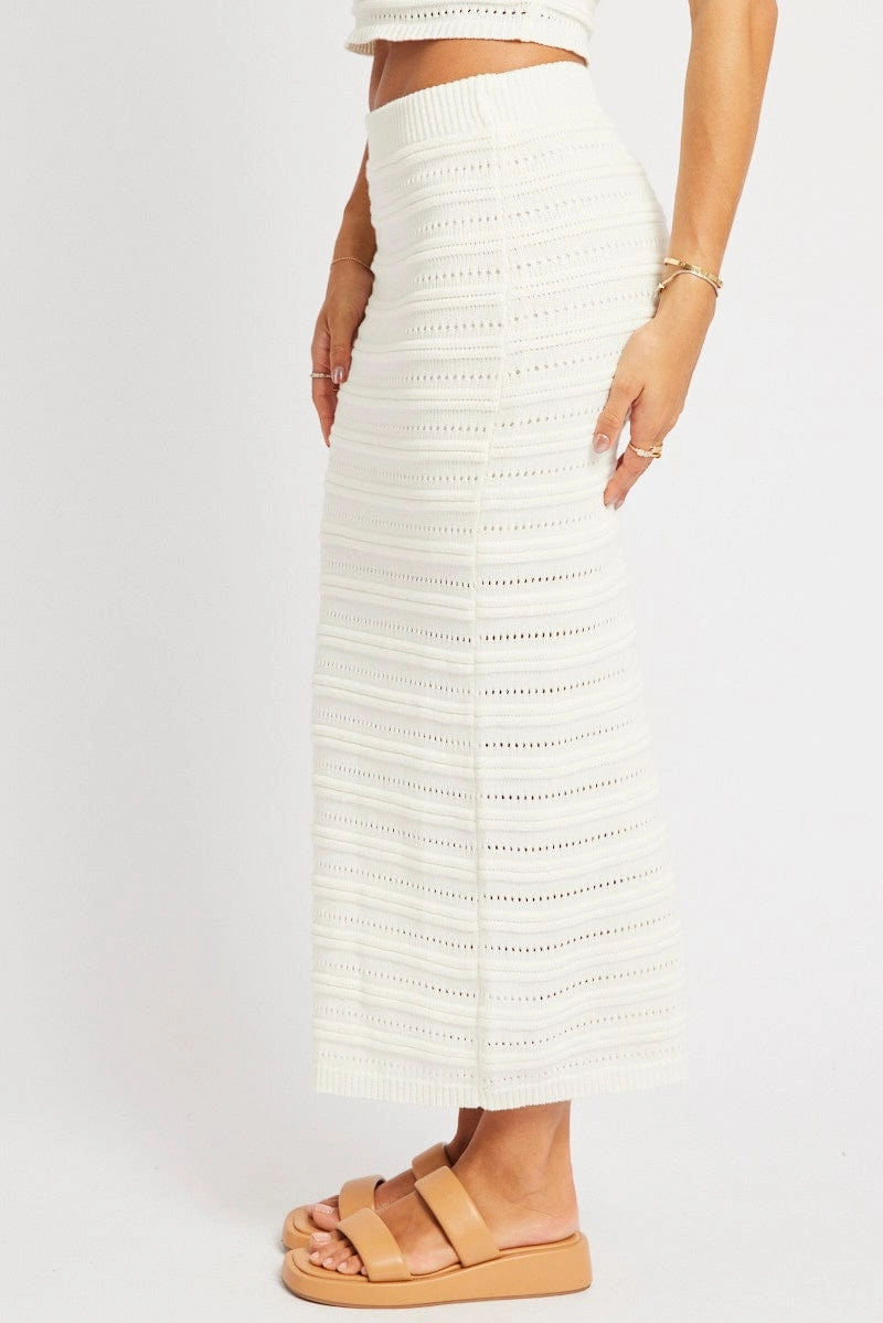 White Crochet Skirt High Rise Elastic Waistband Midi