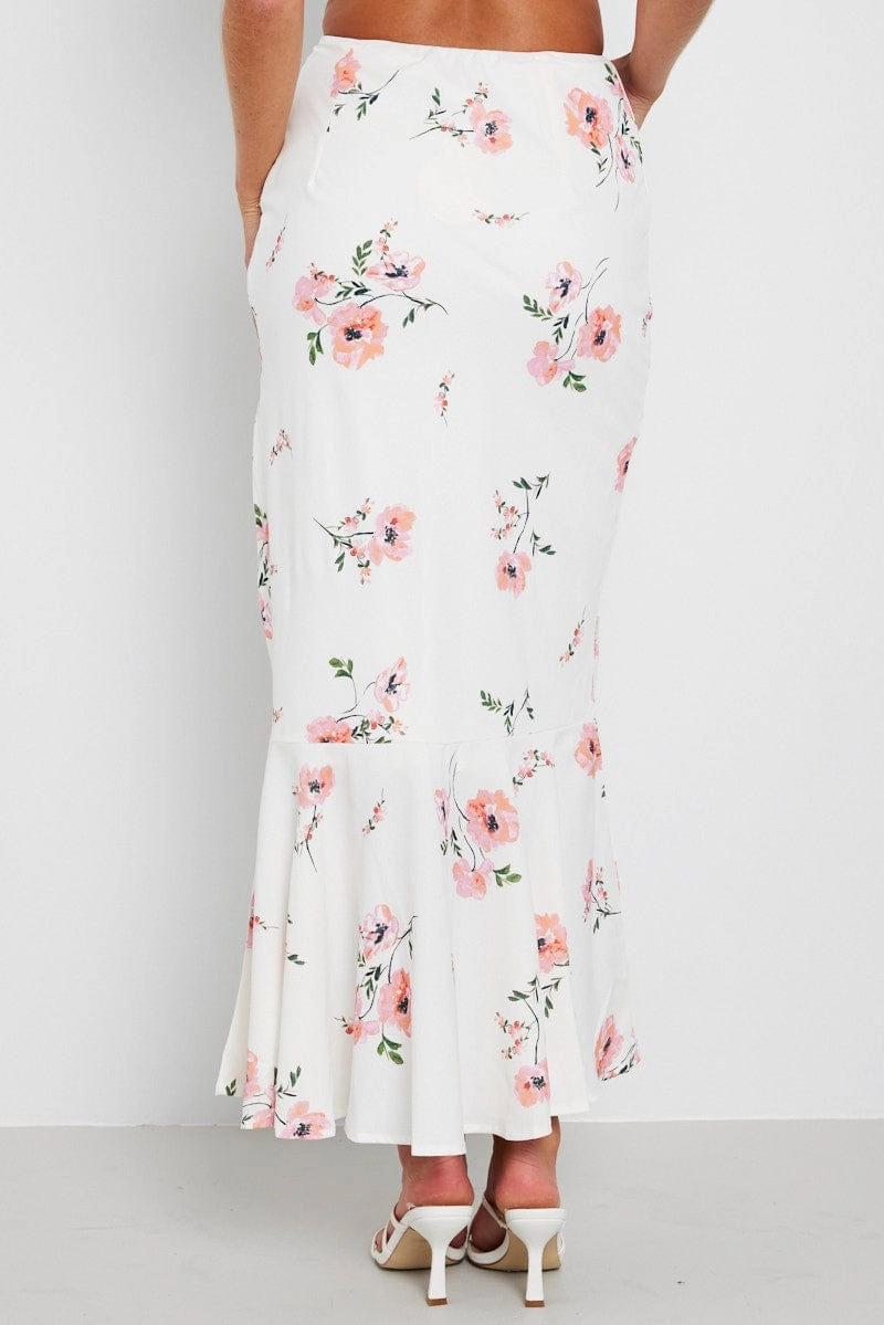 White Floral Maxi Skirt High Waist Fit & Flare