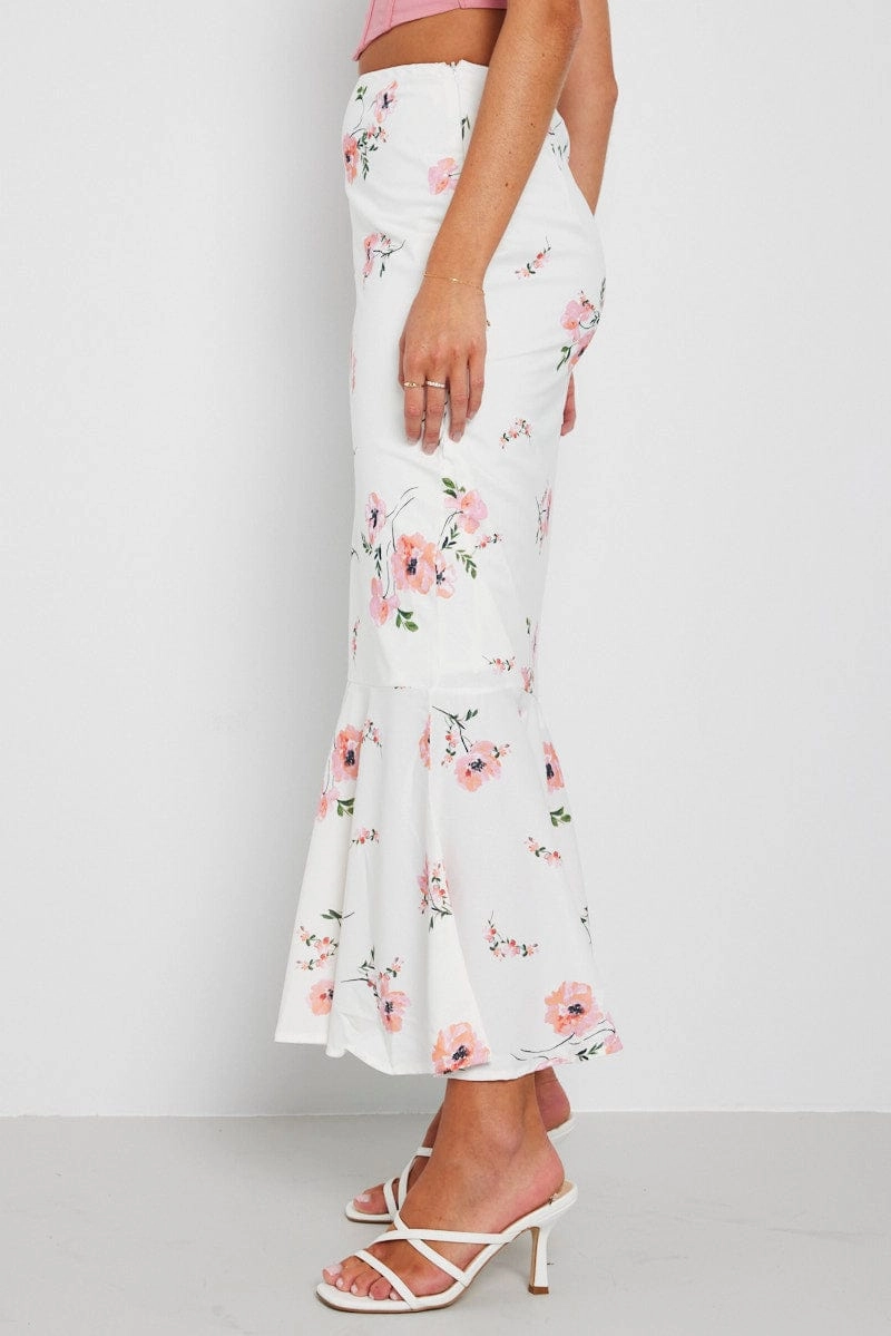 White Floral Maxi Skirt High Waist Fit & Flare