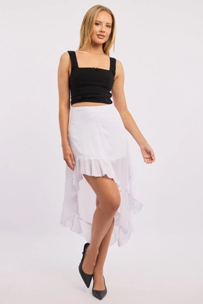 White Frill Skirt High Waisted High Low Midi