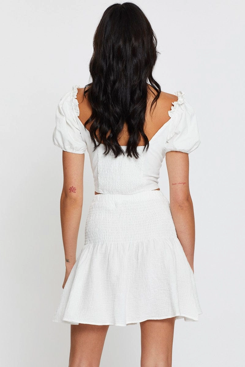 White Linen Blend Shirred Waist Skater Skirt