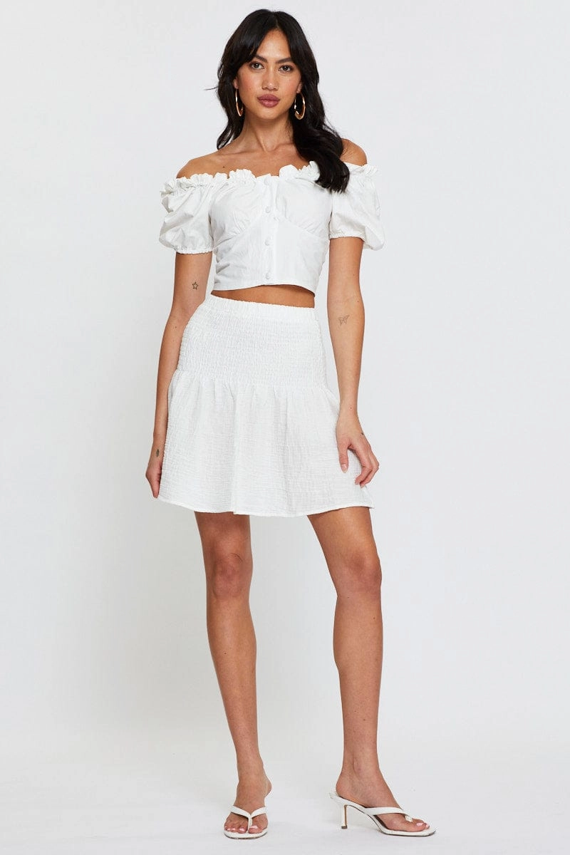 White Linen Blend Shirred Waist Skater Skirt