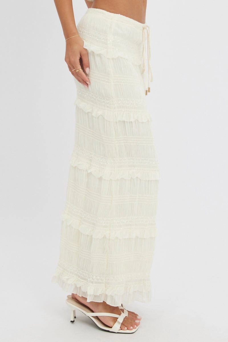 White Maxi Skirt Elastic Waistband Ruffle Textured