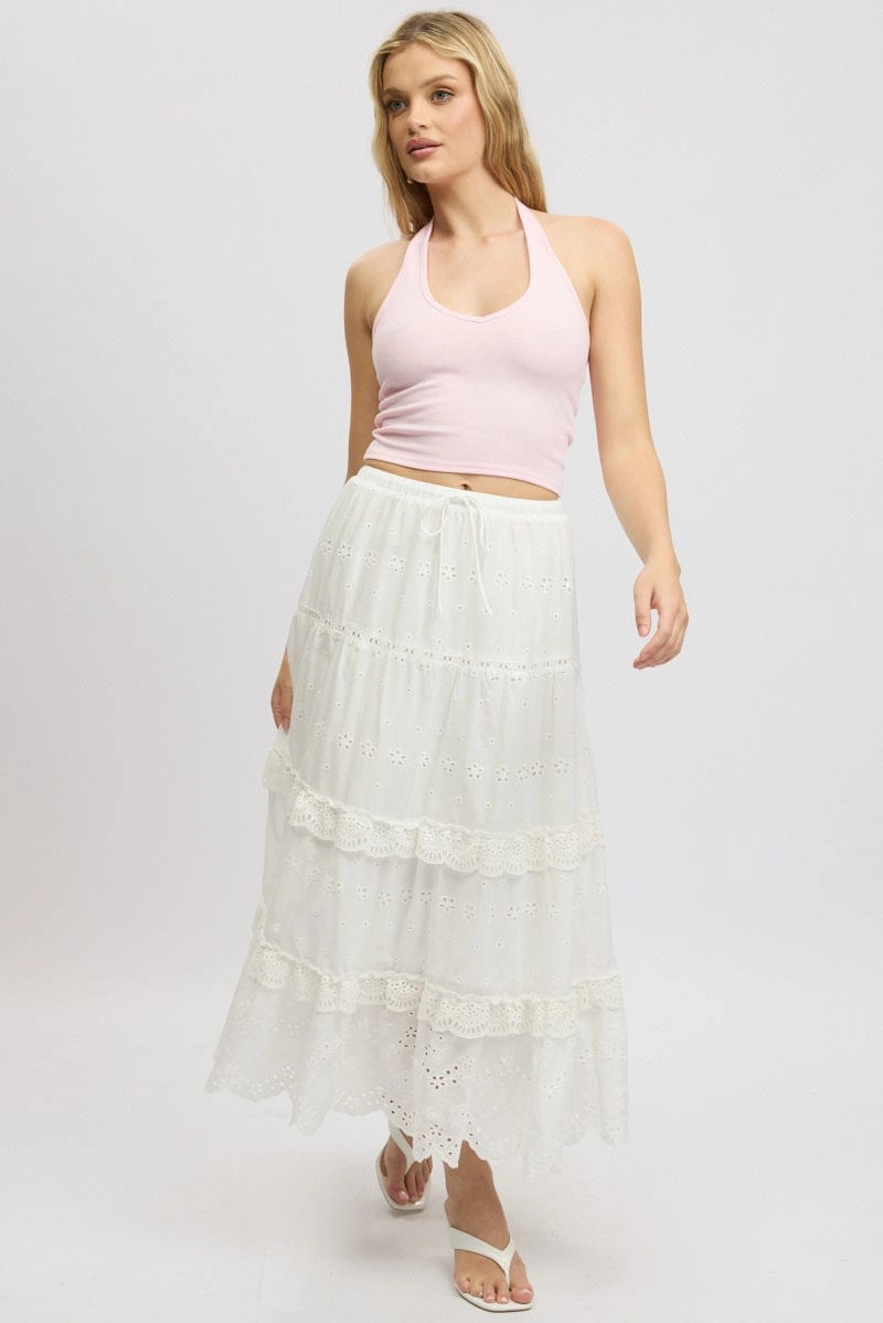 White Maxi Skirt High Waisted Tiered Broidery Eyelet