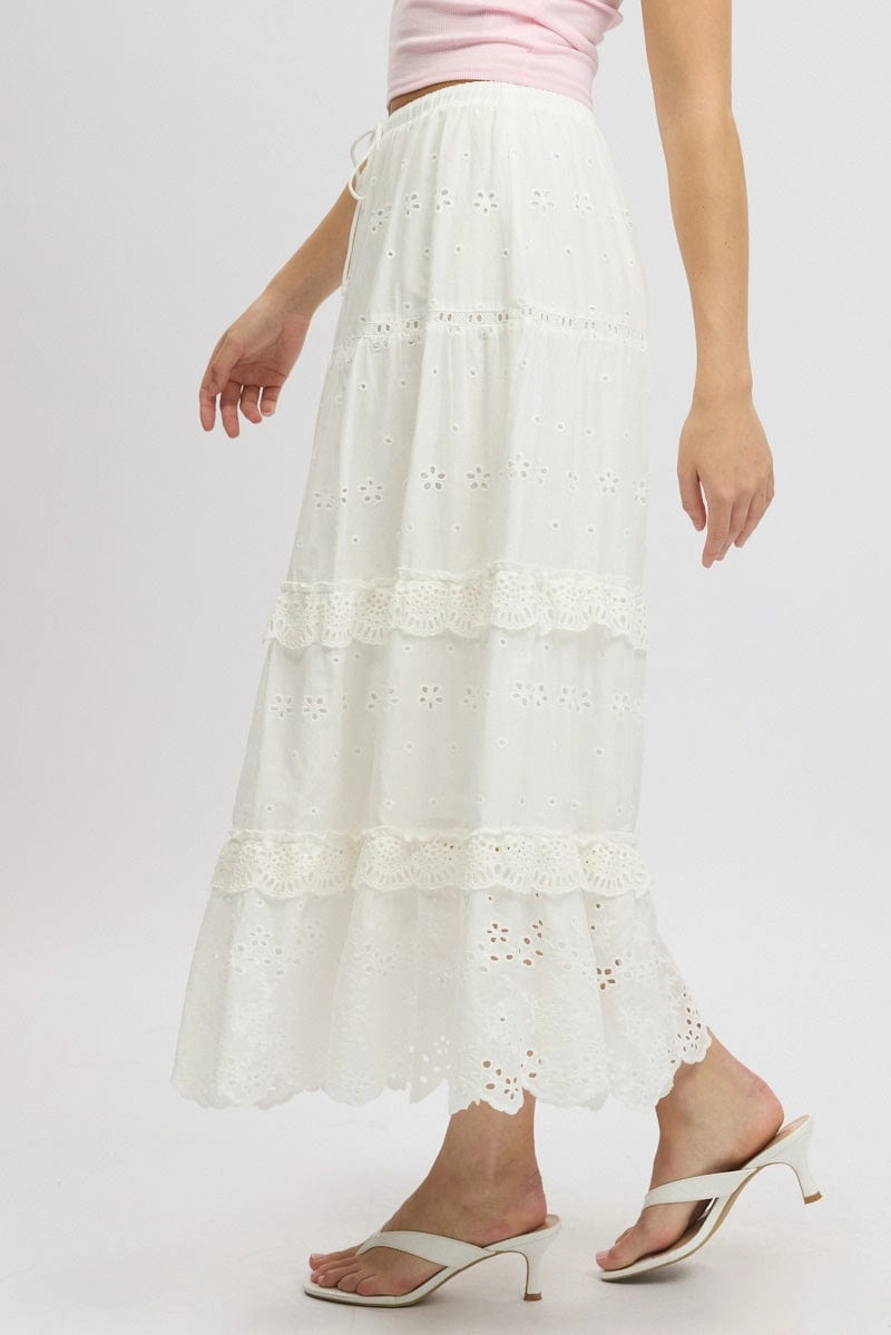 White Maxi Skirt High Waisted Tiered Broidery Eyelet