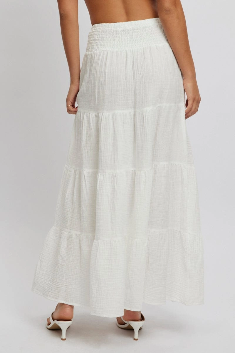 White Maxi Skirt Shirred Waist Tiered Relaxed Fit