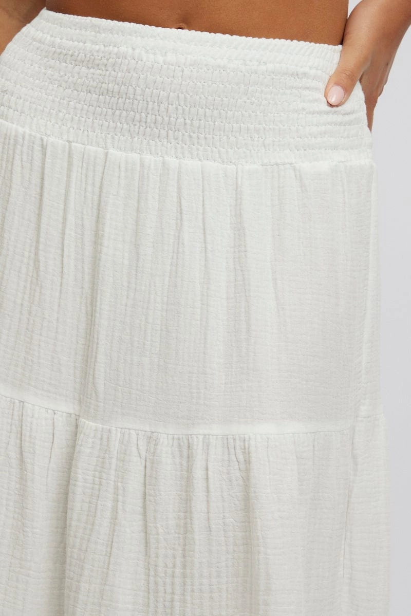 White Maxi Skirt Shirred Waist Tiered Relaxed Fit