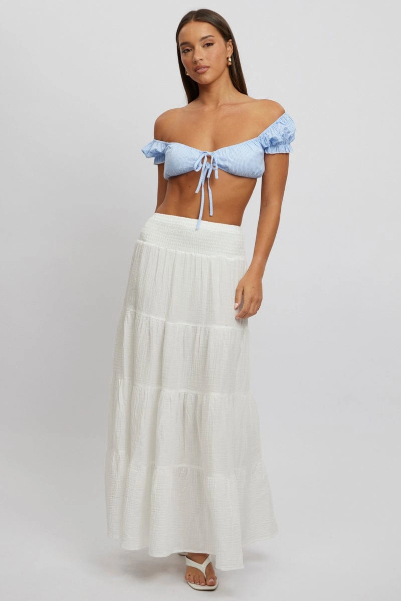 White Maxi Skirt Shirred Waist Tiered Relaxed Fit