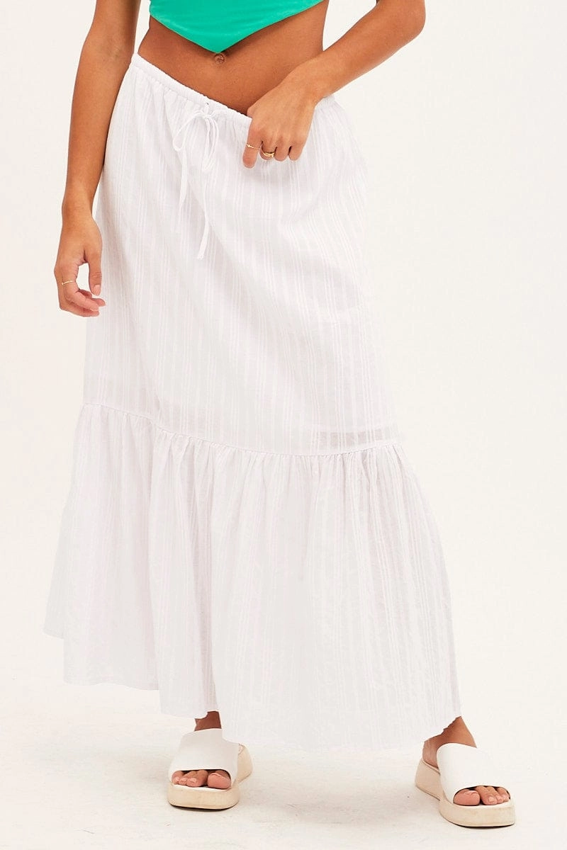 White Midi Skirt Tiered Textured Thin Tie Waist