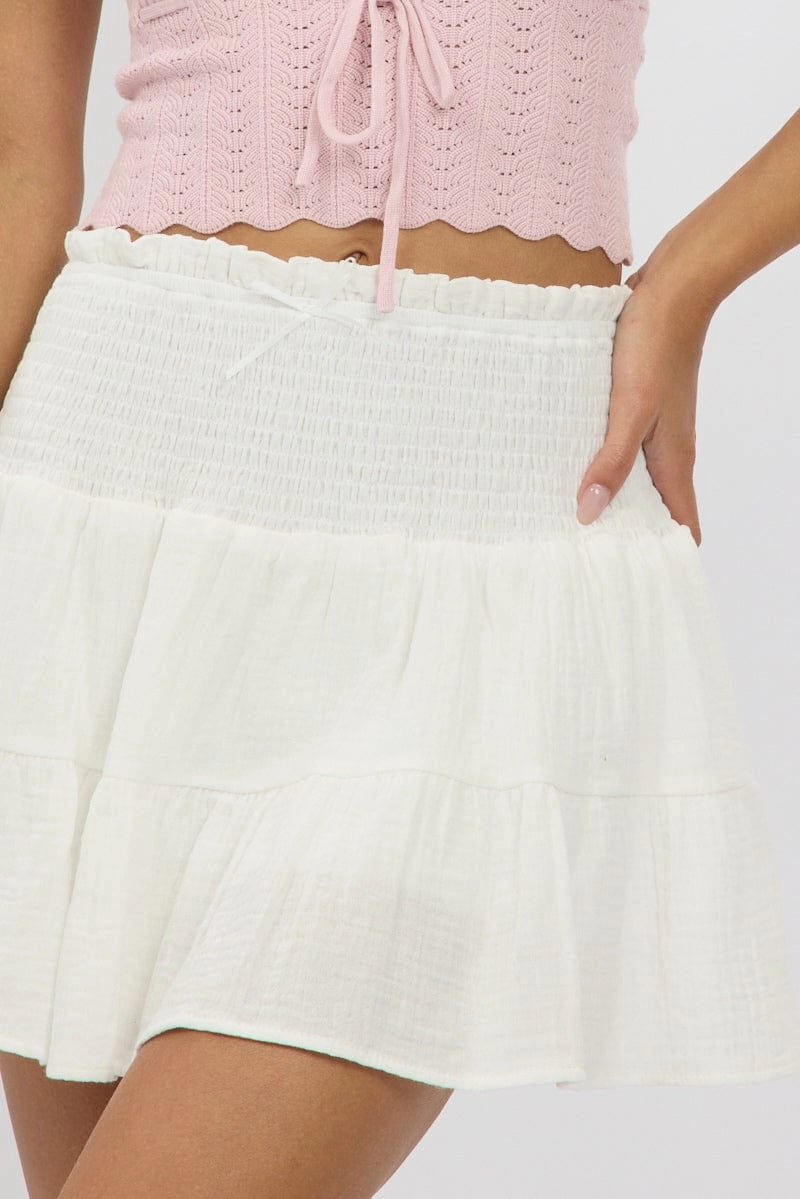 White Mini Skort Skirt Shirred Waist Cotton Textured Lined