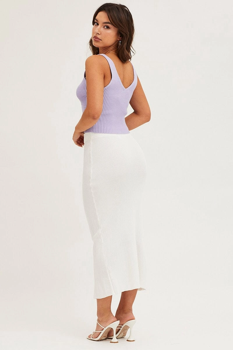 White Slit Knit Midi Skirt