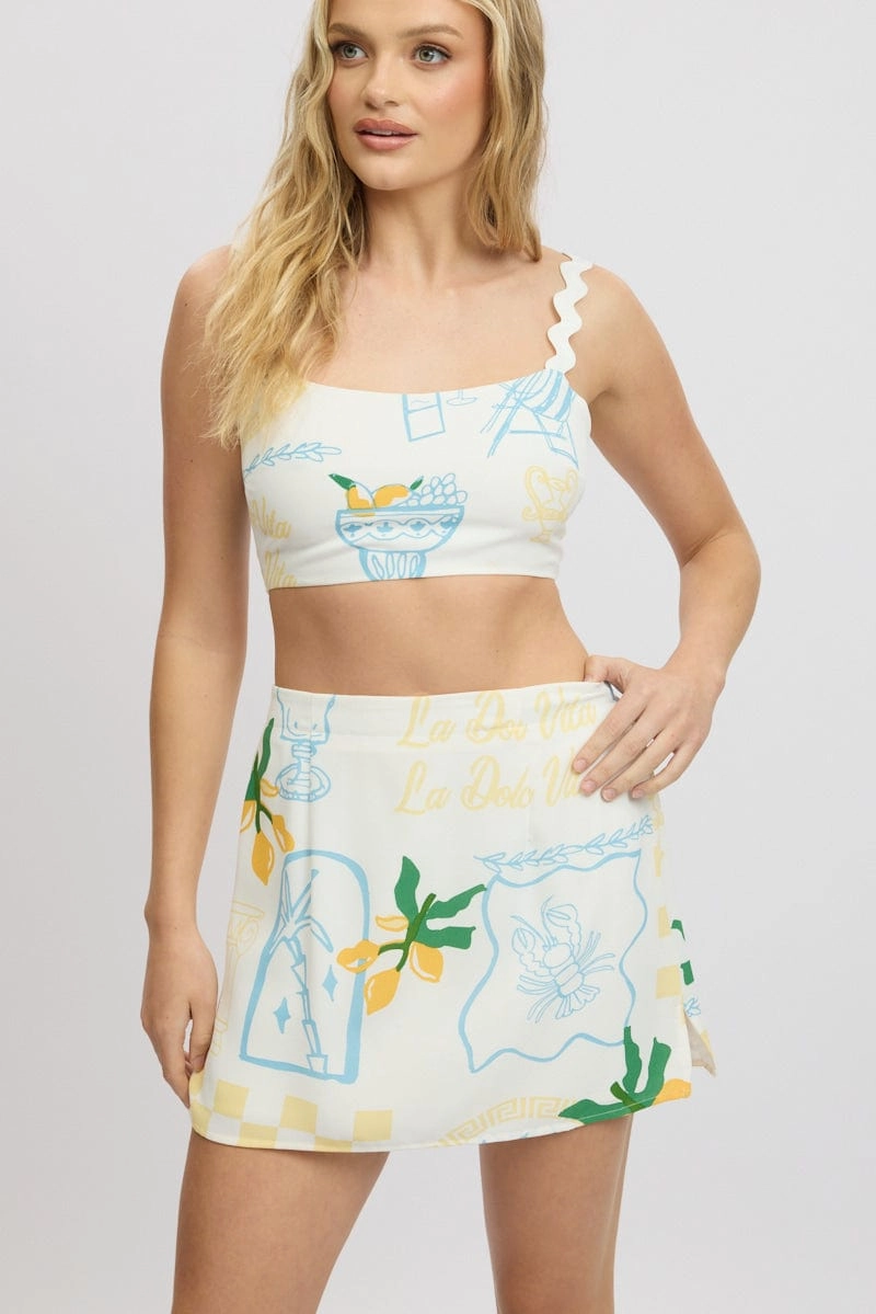 Yellow Abstract Mini Skirt High Waisted A Line