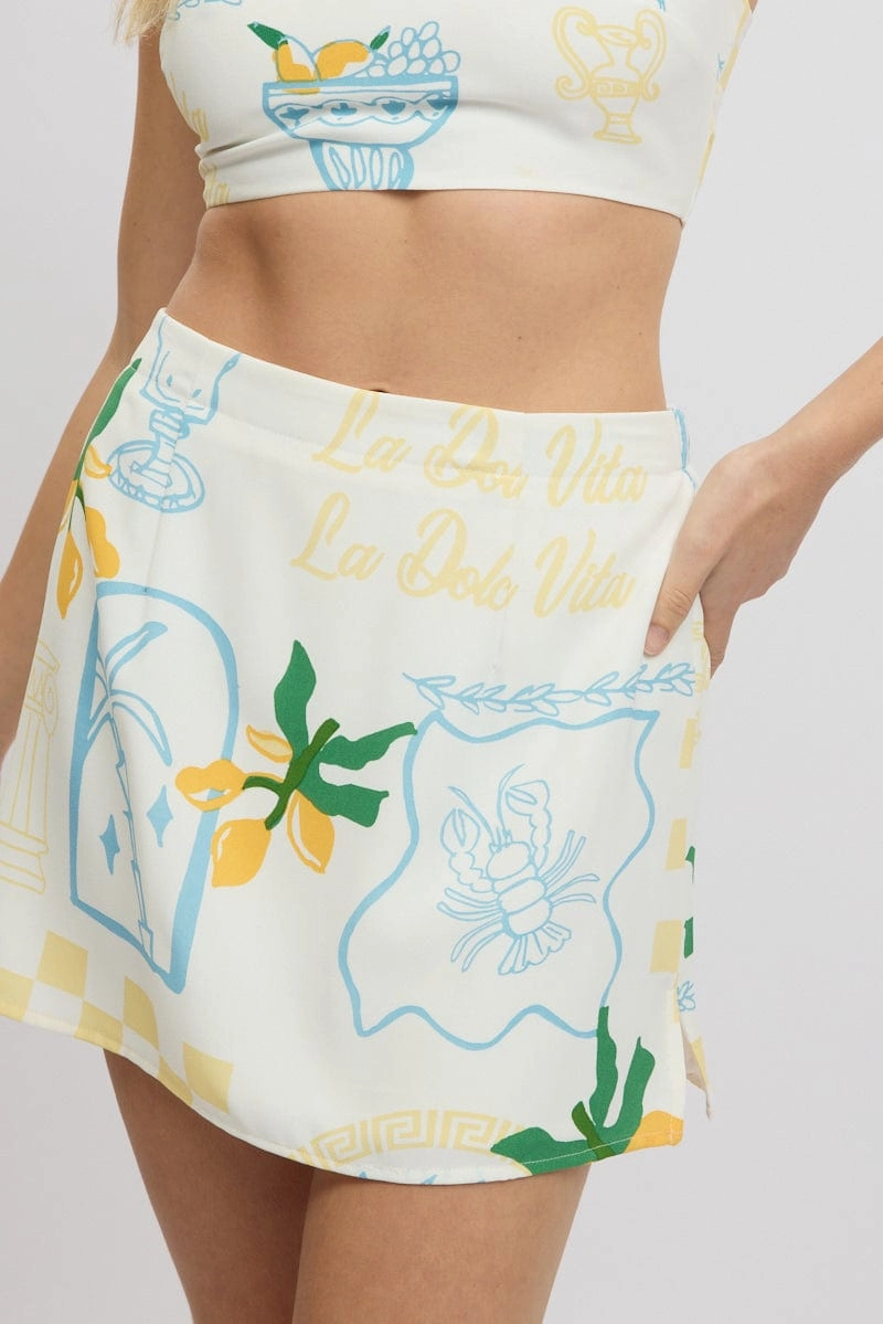 Yellow Abstract Mini Skirt High Waisted A Line