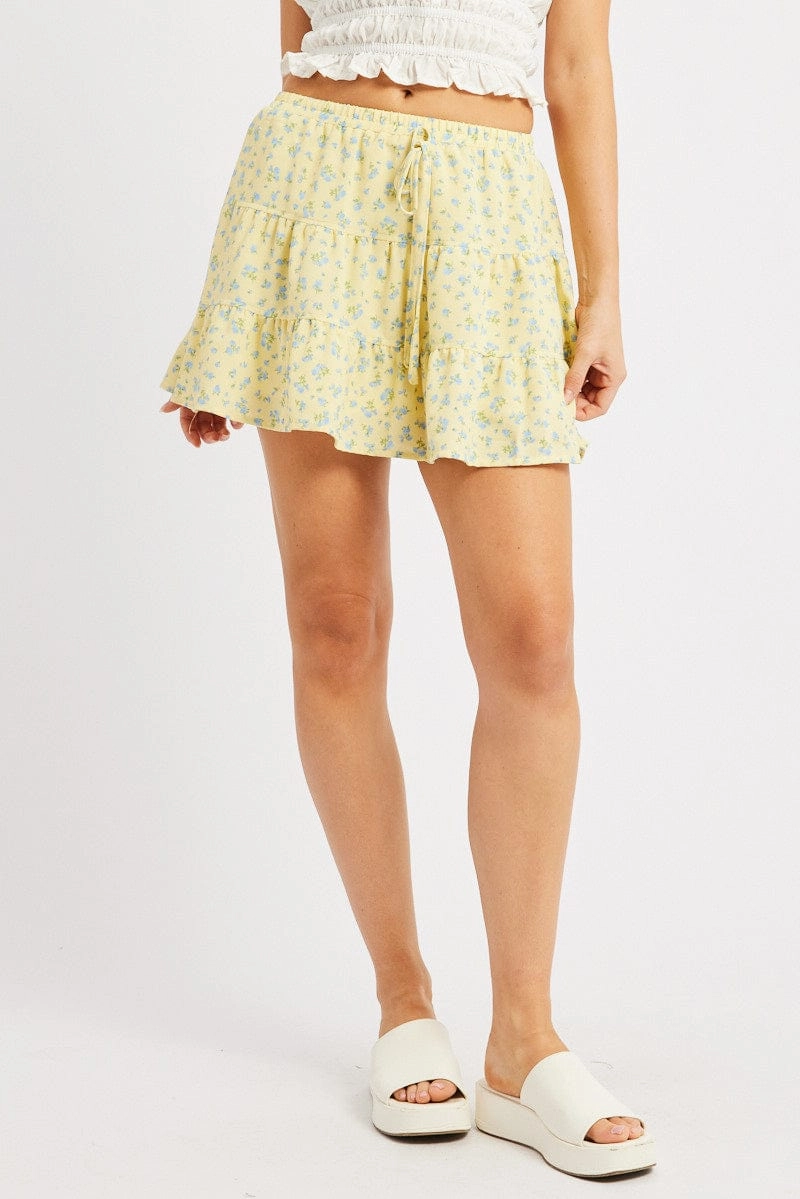 Yellow Ditsy Skater Skirt High Rise Tiered Mini Lined