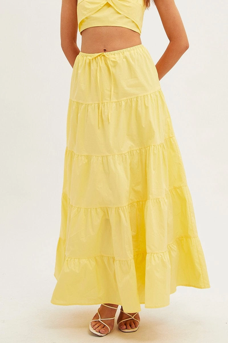 Yellow Maxi Skirt Elastic Waist Tiered
