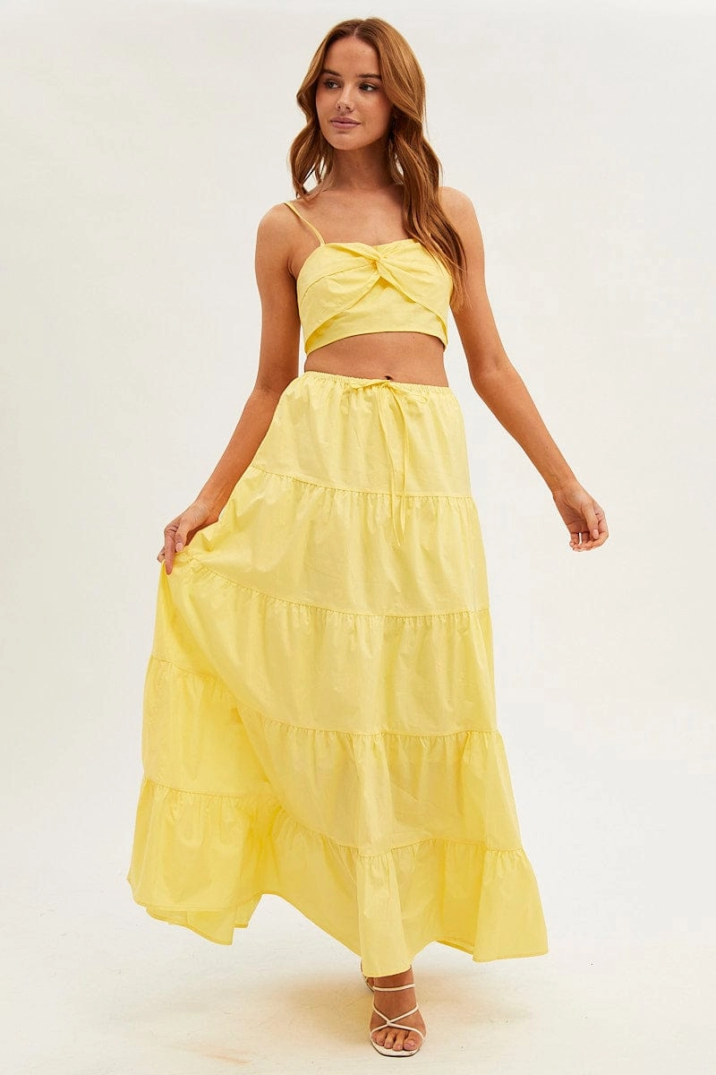 Yellow Maxi Skirt Elastic Waist Tiered