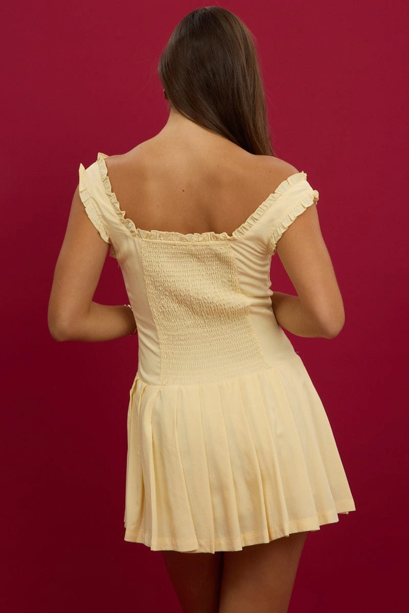 Yellow Mini Dress Pleated Skirt Gathered Bust