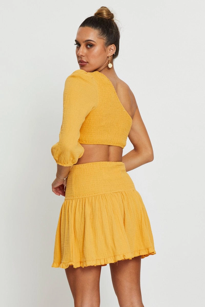 Yellow Shirred Skater Skirt