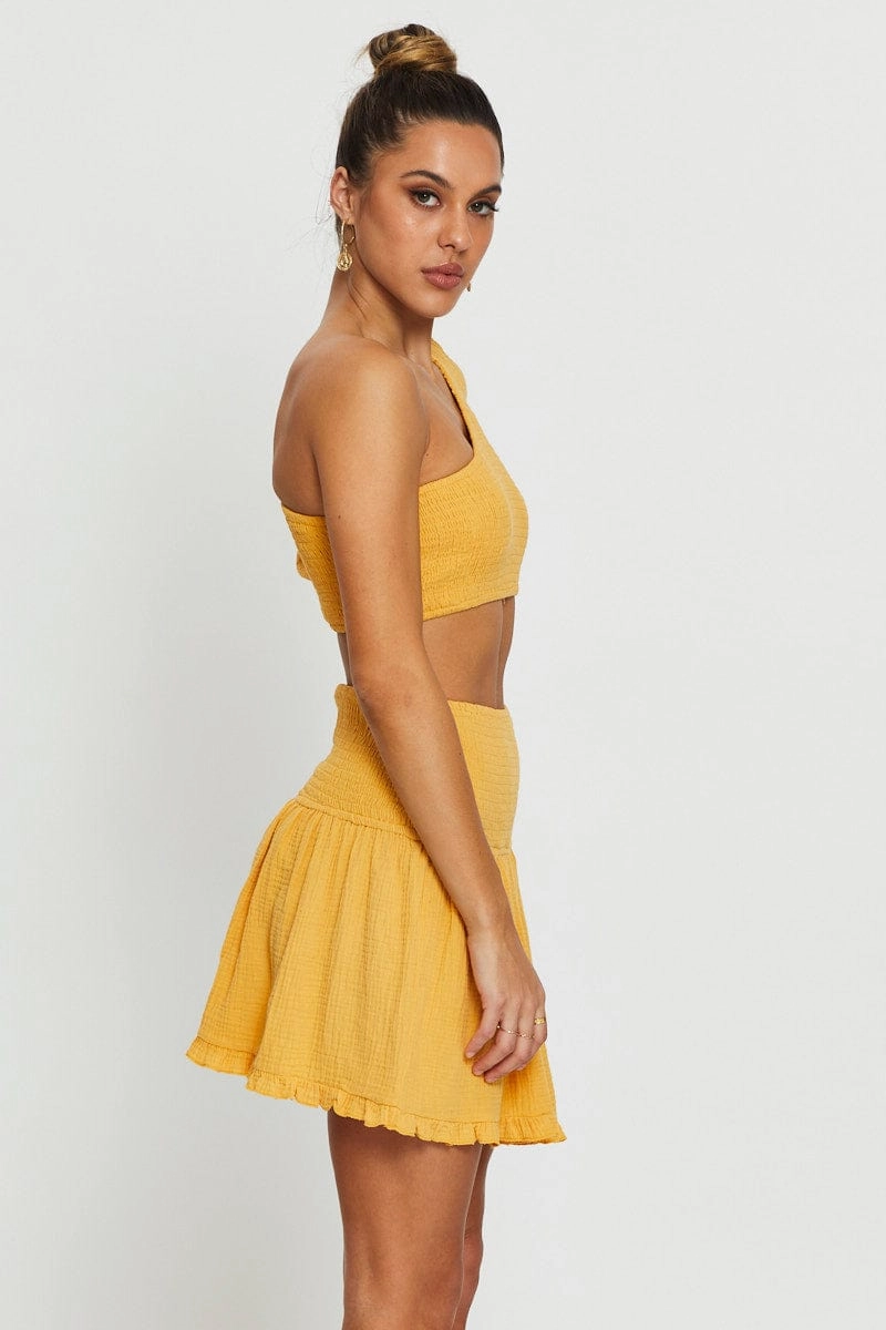 Yellow Shirred Skater Skirt